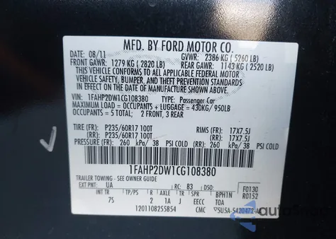 2012 Ford Taurus Se z USA, uszkodzony, nr VIN 1FAHP2DW1CG108380